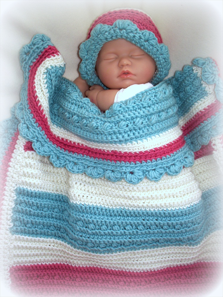 Tri Color Oversized Crochet Baby Blanket And Hat Set