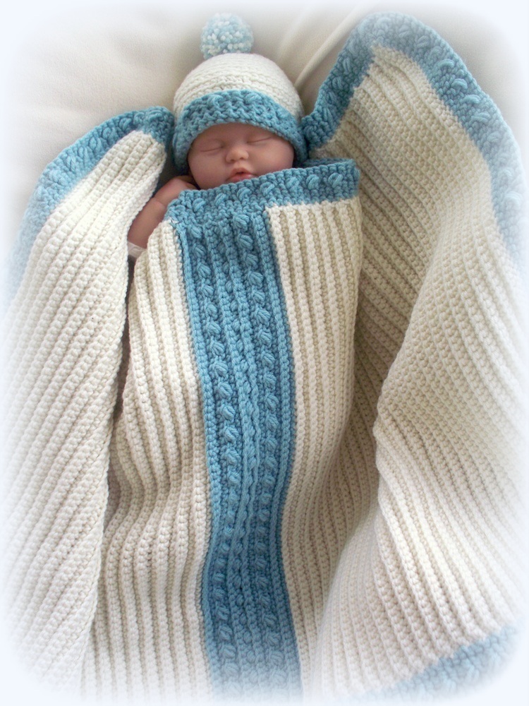 Baby Receiving Blanket And Pom Pom Crochet Hat on Luulla